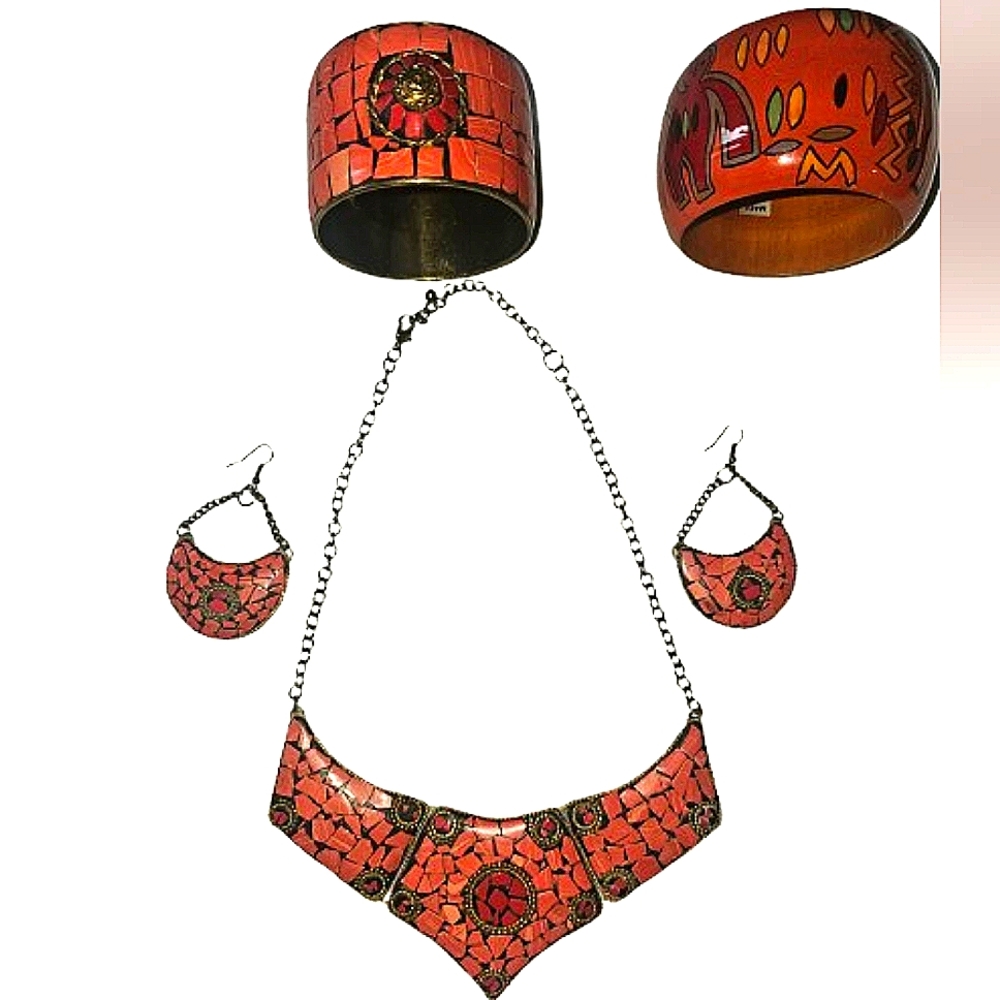 Vintage 70s Rare Coral Cobblestone Necklace,Bangles Earring Set